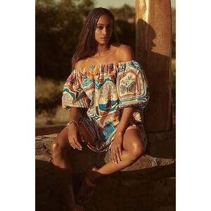 FARM Rio Off The Shoulder Puff Sleeve Mini Dress Bahia Print Button Front M